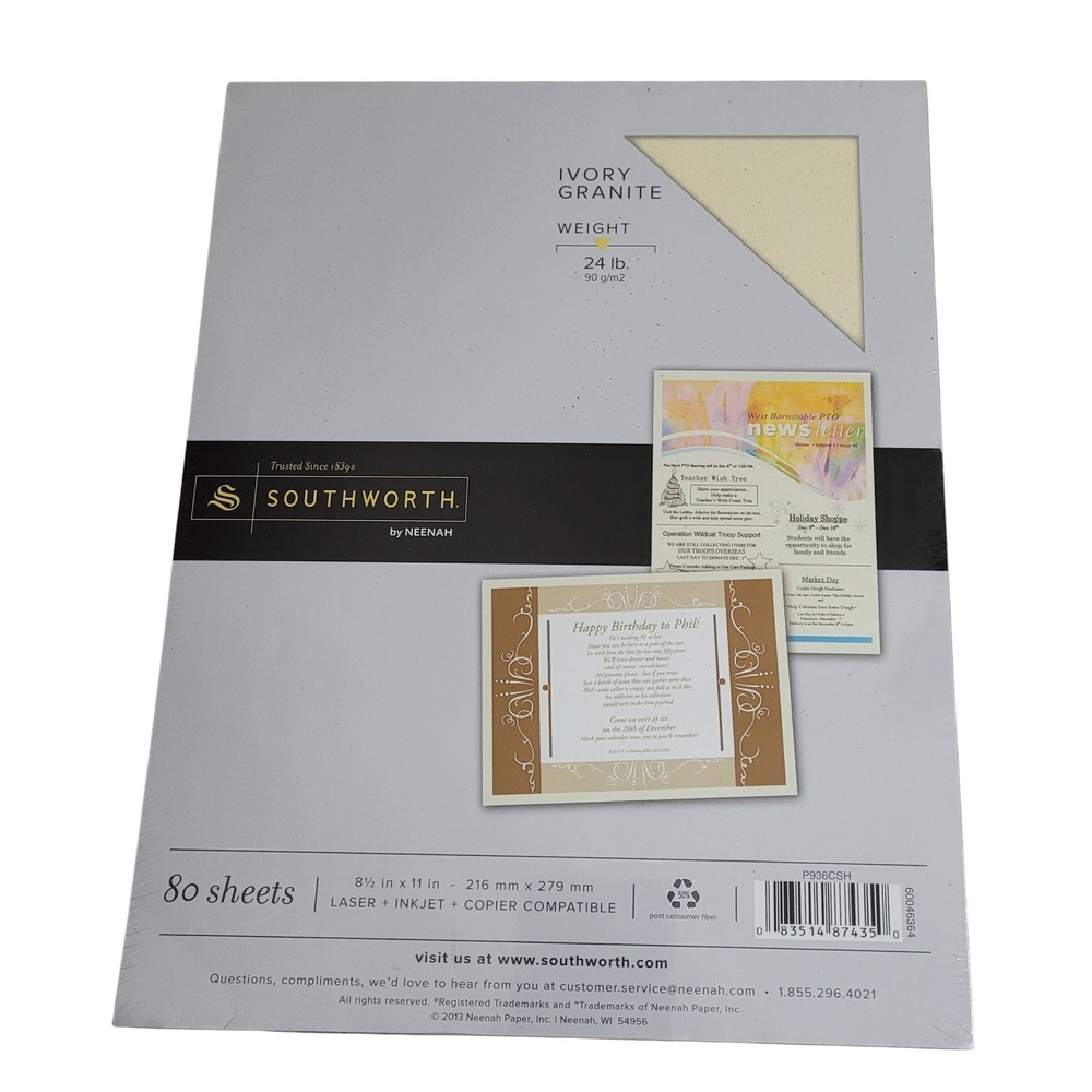 Southworth Ivory Granite Specialty Paper 80ct 24lb 8.5x11 P936CSH New Sealed